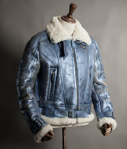 Archival Versace AW16 Runway Metallic Blue Shearling Flight Jacket