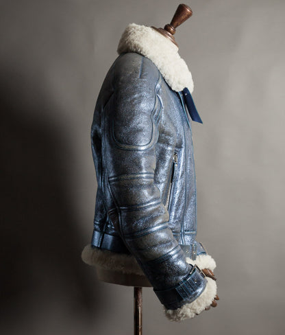 Archival Versace AW16 Runway Metallic Blue Shearling Flight Jacket