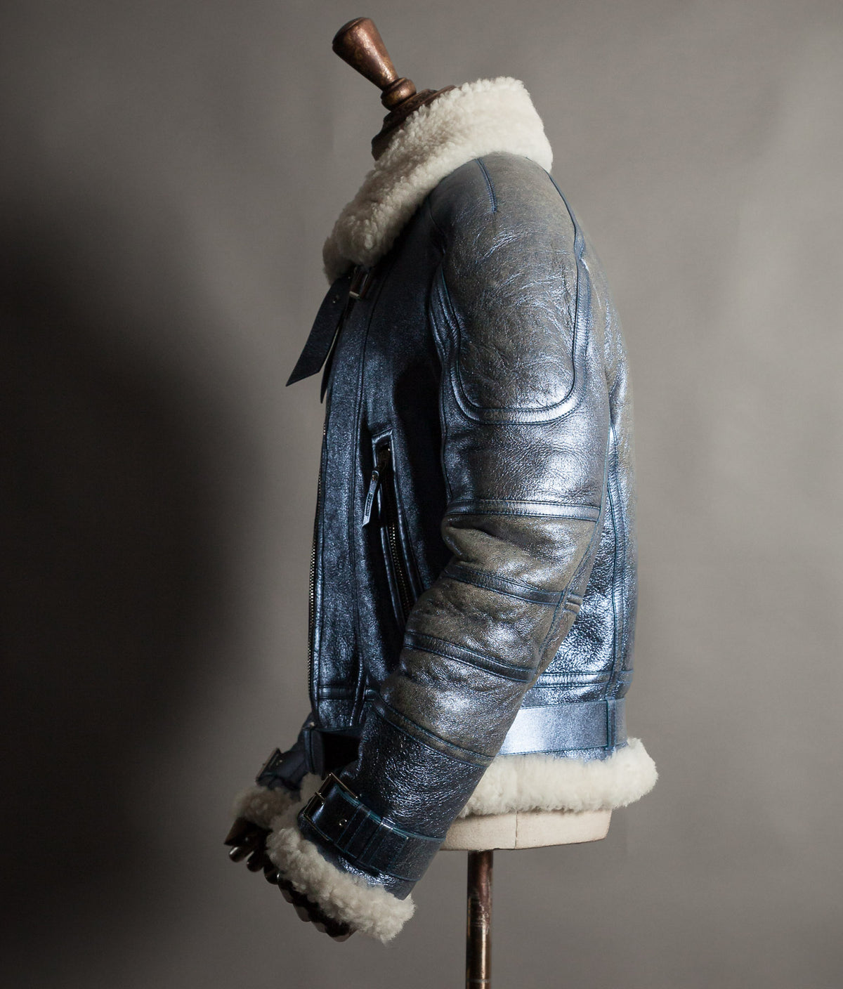 Archival Versace AW16 Runway Metallic Blue Shearling Flight Jacket