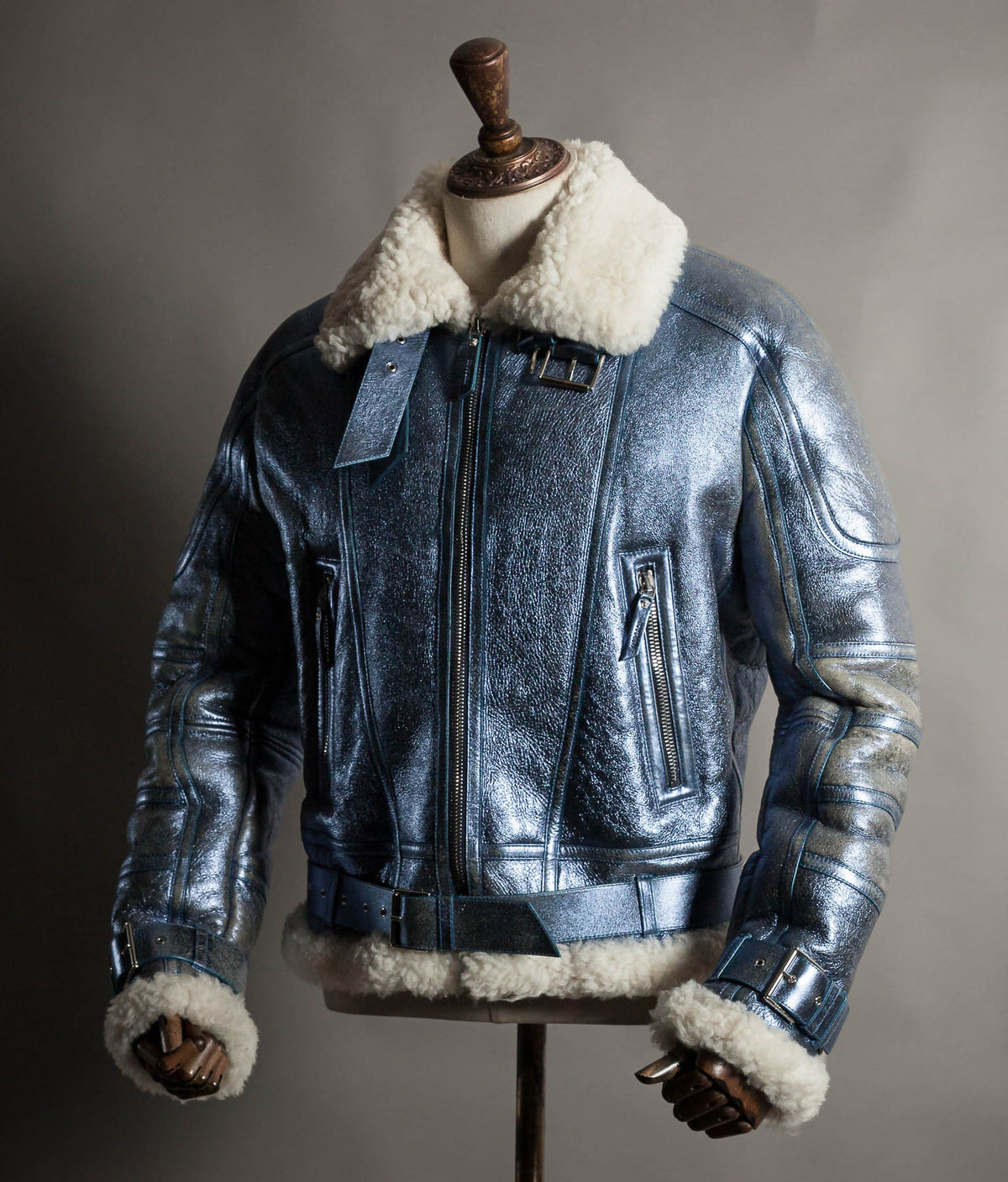 Archival Versace AW16 Runway Metallic Blue Shearling Flight Jacket
