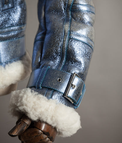 Archival Versace AW16 Runway Metallic Blue Shearling Flight Jacket