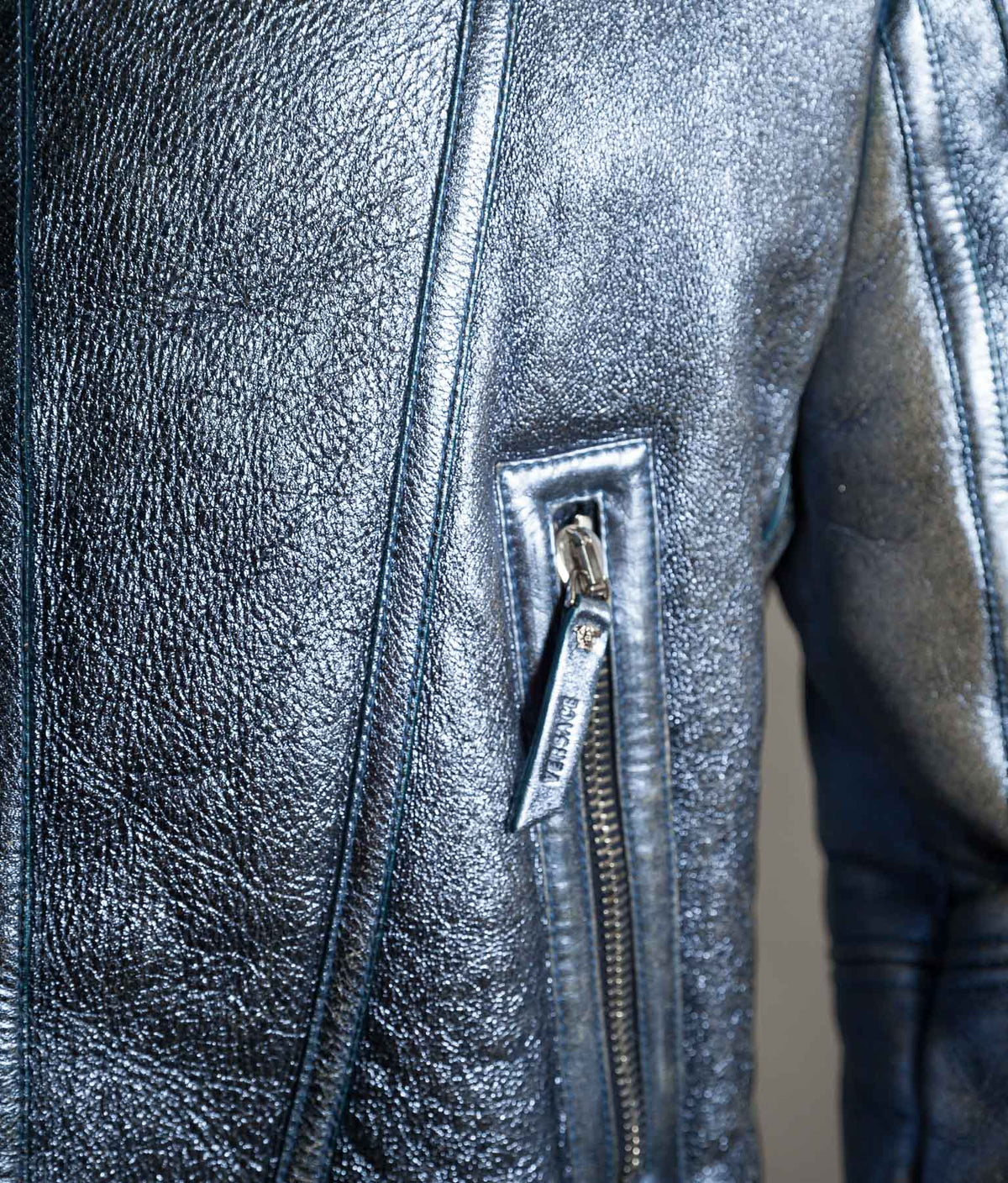 Archival Versace AW16 Runway Metallic Blue Shearling Flight Jacket