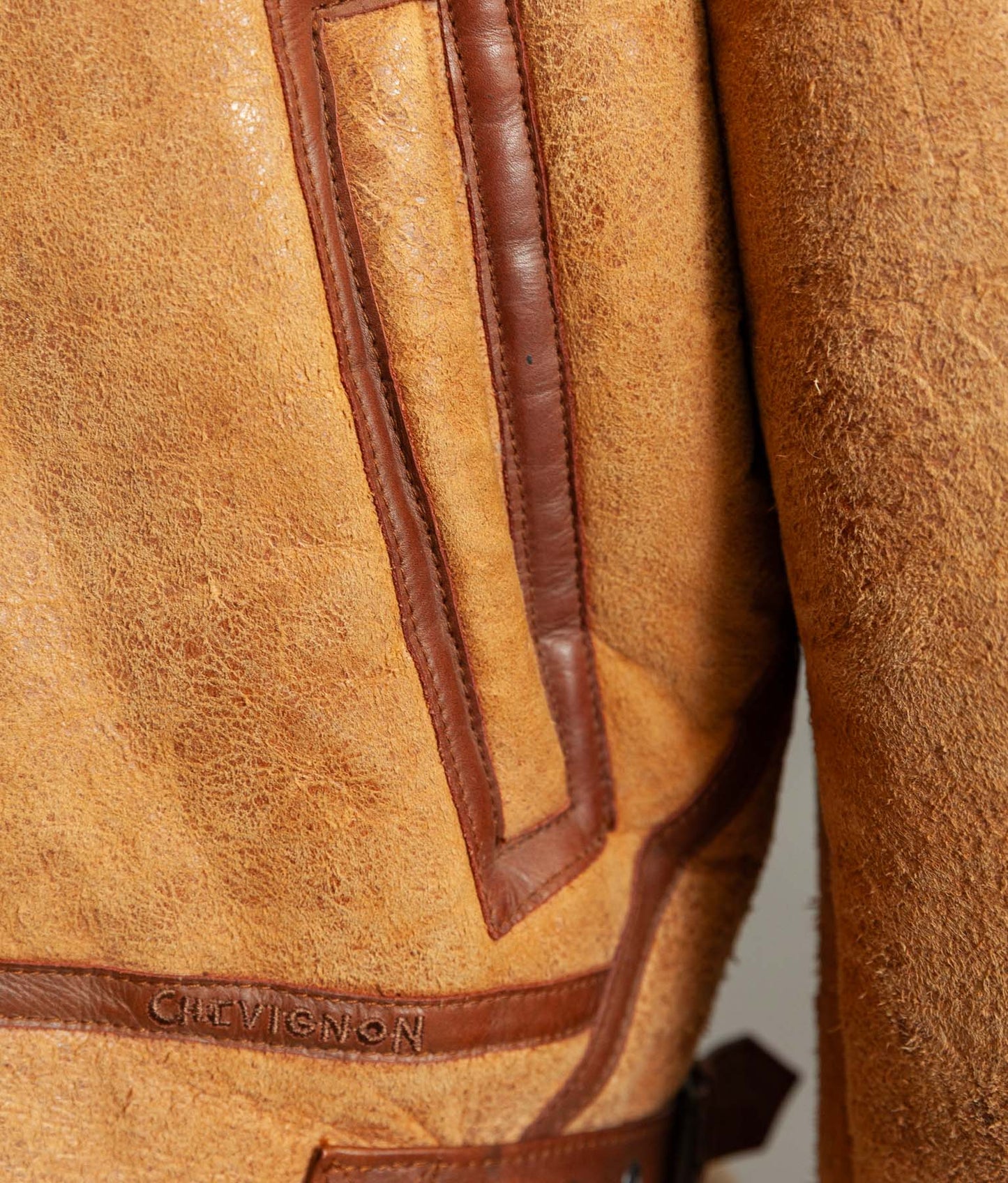 Vintage 1990s Chevignon World Traveler B-3 Sheepskin Shearling Bomber Jacket
