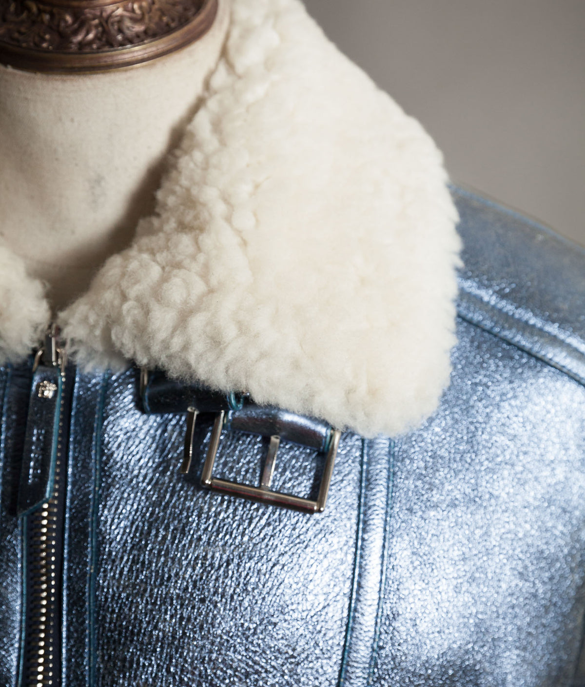 Archival Versace AW16 Runway Metallic Blue Shearling Flight Jacket