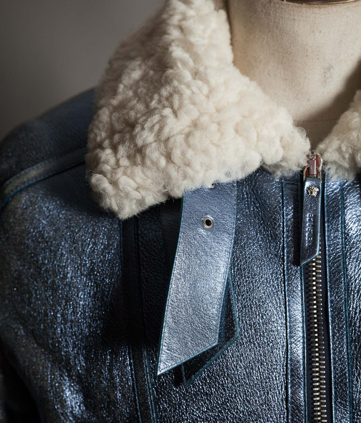 Archival Versace AW16 Runway Metallic Blue Shearling Flight Jacket