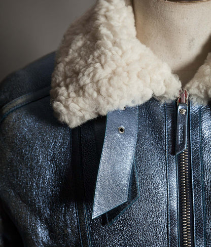 Archival Versace AW16 Runway Metallic Blue Shearling Flight Jacket