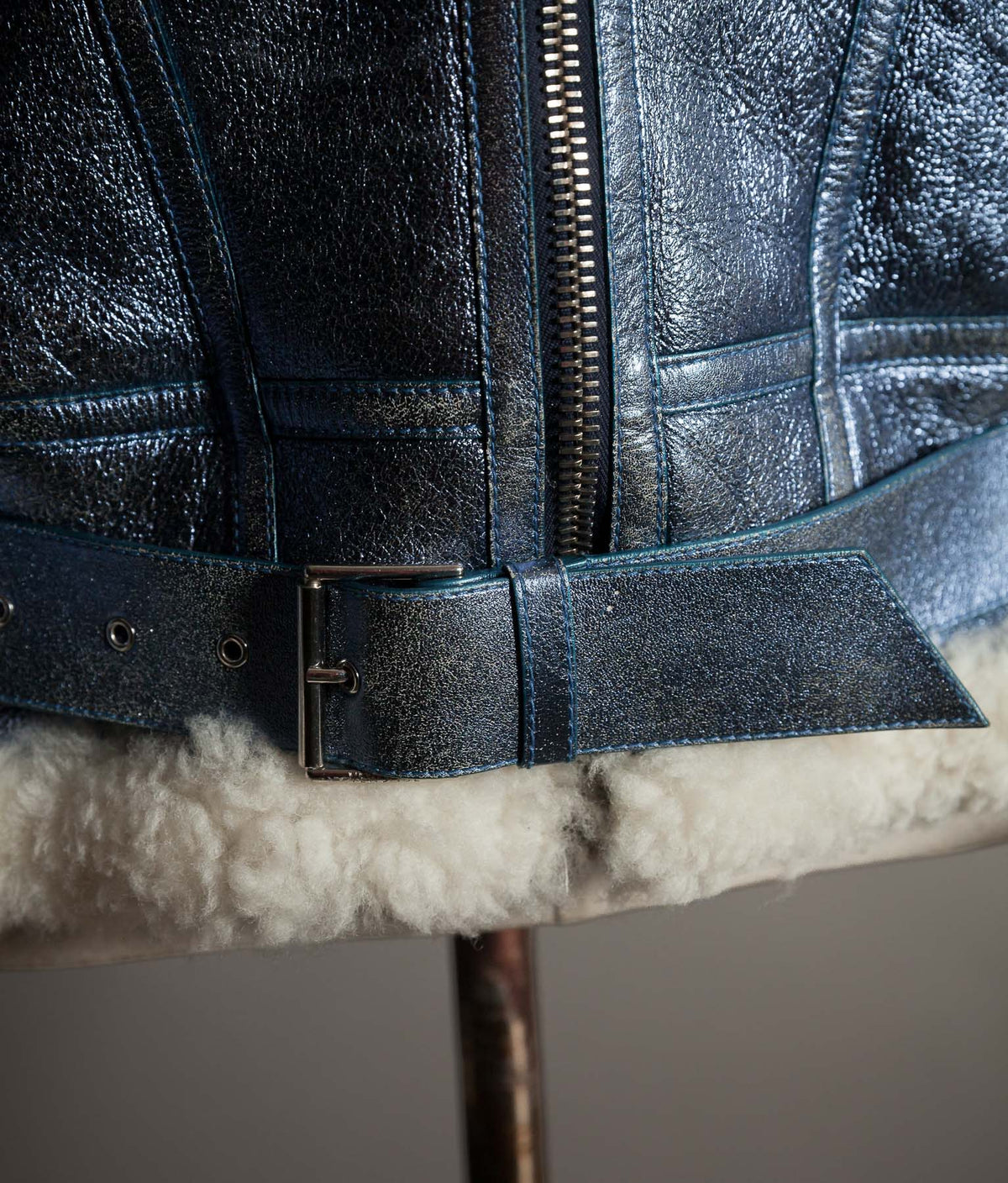 Archival Versace AW16 Runway Metallic Blue Shearling Flight Jacket