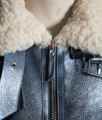 Archival Versace AW16 Runway Metallic Blue Shearling Flight Jacket
