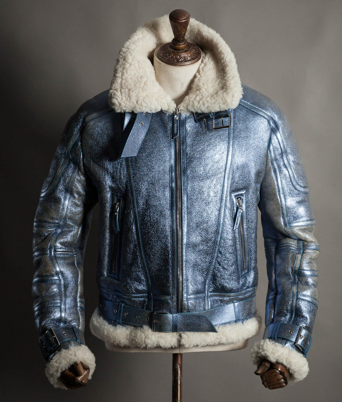 Archival Versace AW16 Runway Metallic Blue Shearling Flight Jacket