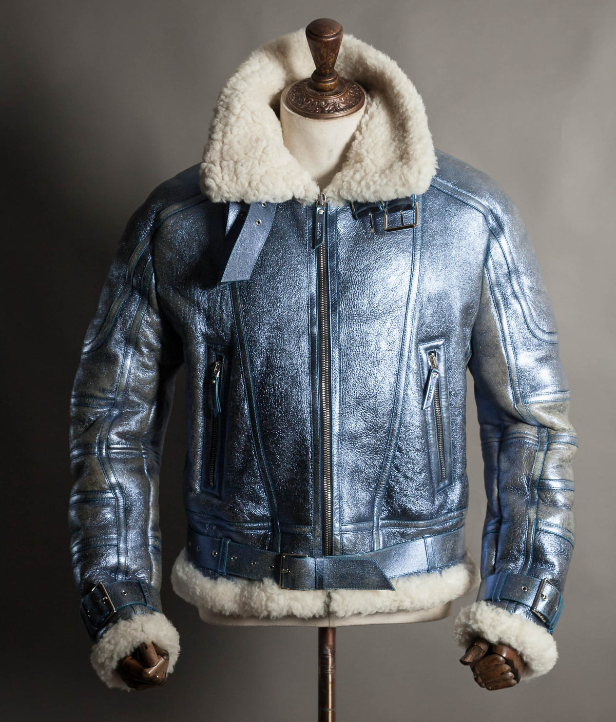 Archival Versace AW16 Runway Metallic Blue Shearling Flight Jacket