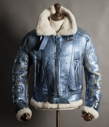 Archival Versace AW16 Runway Metallic Blue Shearling Flight Jacket