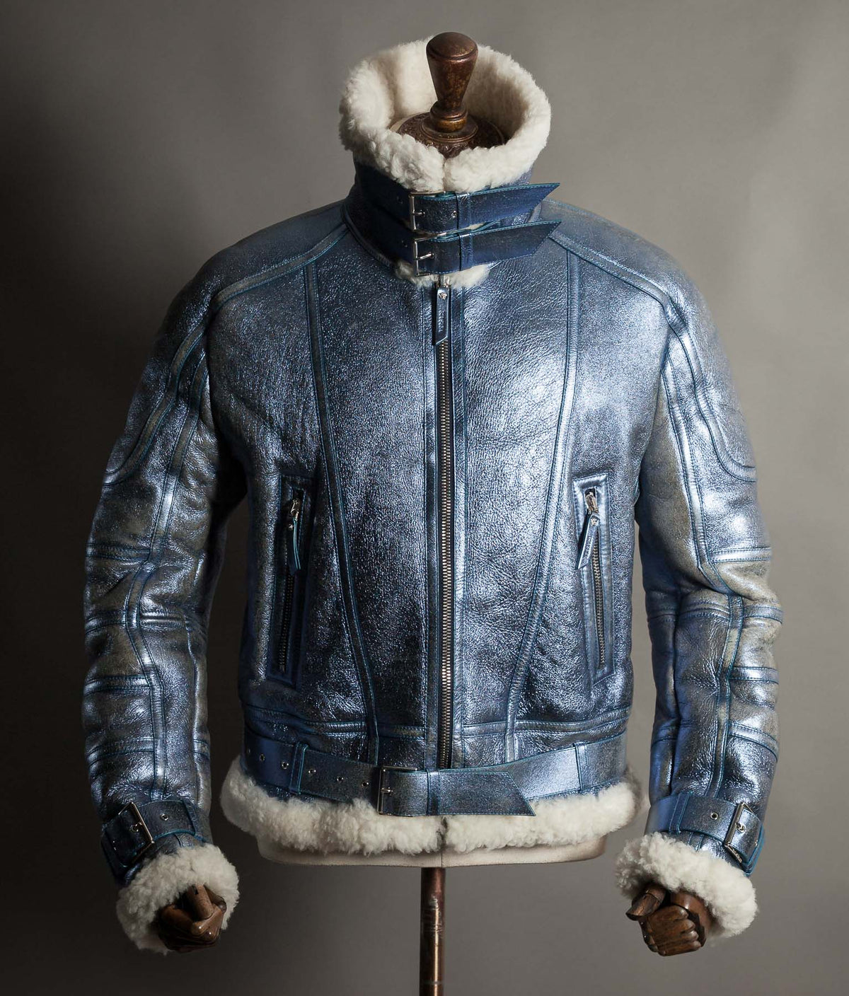 Archival Versace AW16 Runway Metallic Blue Shearling Flight Jacket