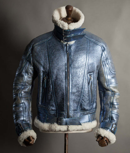 Archival Versace AW16 Runway Metallic Blue Shearling Flight Jacket