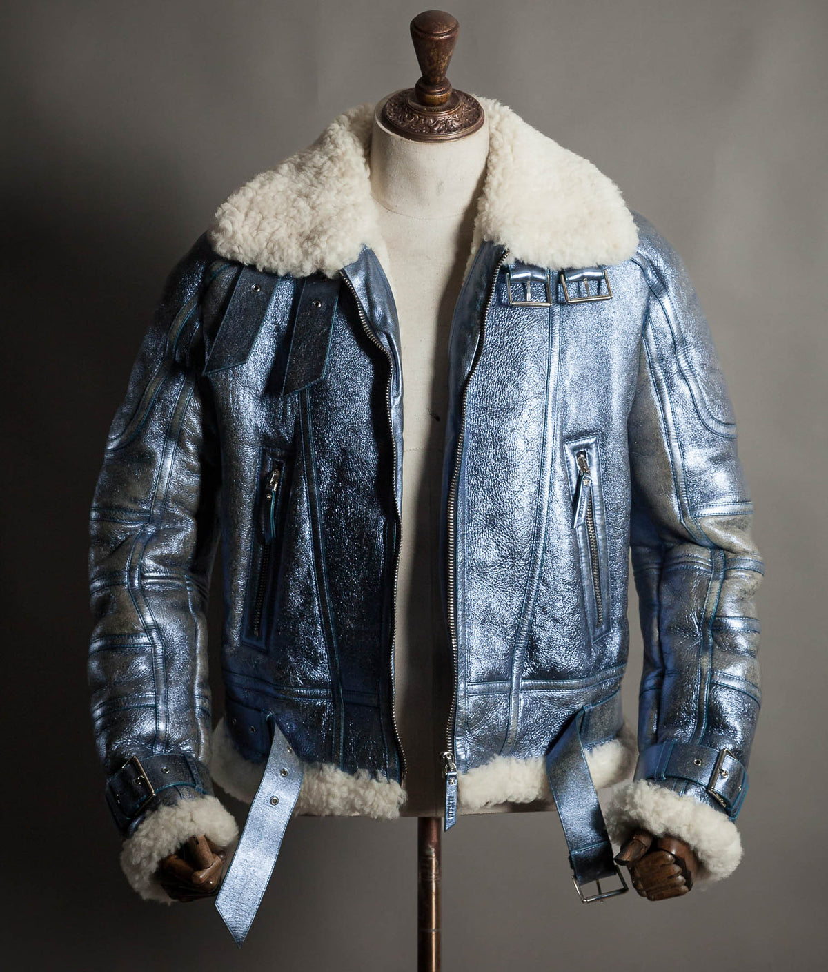 Archival Versace AW16 Runway Metallic Blue Shearling Flight Jacket