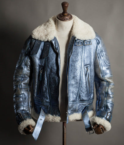 Archival Versace AW16 Runway Metallic Blue Shearling Flight Jacket