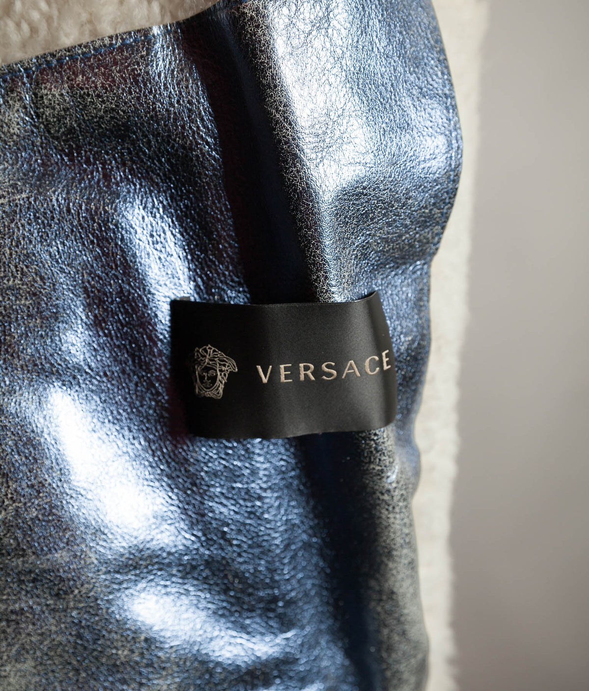 Archival Versace AW16 Runway Metallic Blue Shearling Flight Jacket