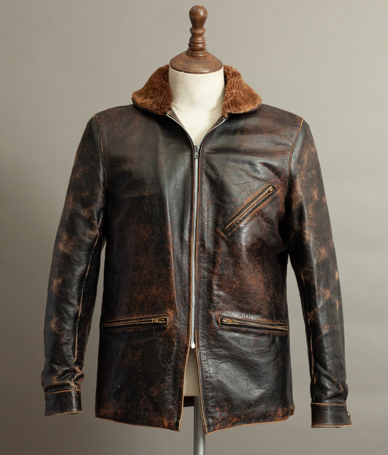 Vintage 1950s French Aviator Leather Jacket Sheepskin Lined Teacore Éclair Zip