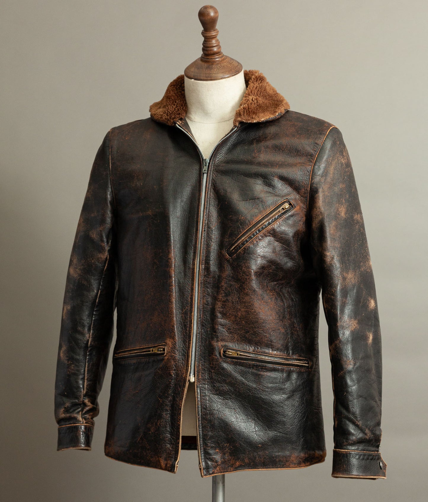 Vintage 1950s French Aviator Leather Jacket Sheepskin Lined Teacore Éclair Zip