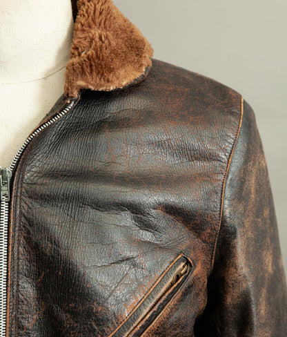 Vintage 1950s French Aviator Leather Jacket Sheepskin Lined Teacore Éclair Zip