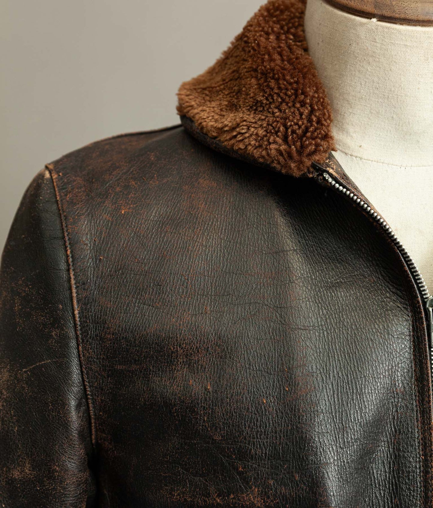 Vintage 1950s French Aviator Leather Jacket Sheepskin Lined Teacore Éclair Zip