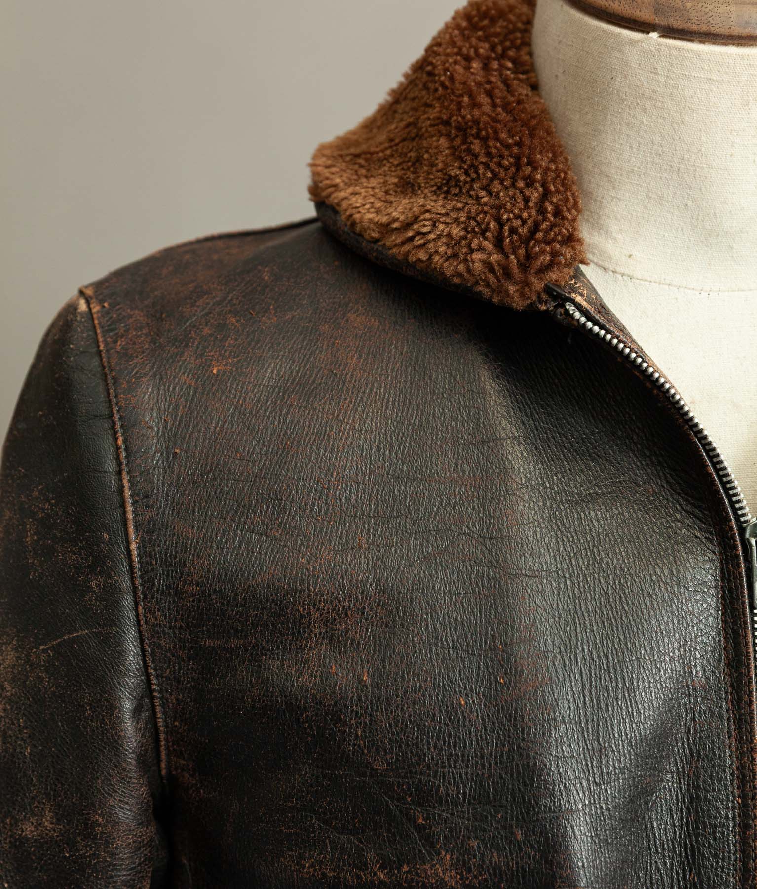 Vintage 1950s French Aviator Leather Jacket Sheepskin Lined Teacore Éclair Zip