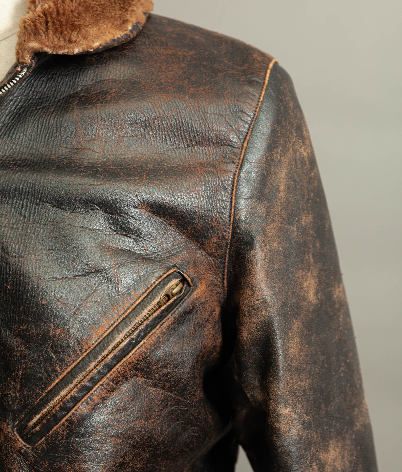 Vintage 1950s French Aviator Leather Jacket Sheepskin Lined Teacore Éclair Zip