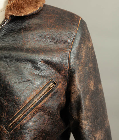 Vintage 1950s French Aviator Leather Jacket Sheepskin Lined Teacore Éclair Zip