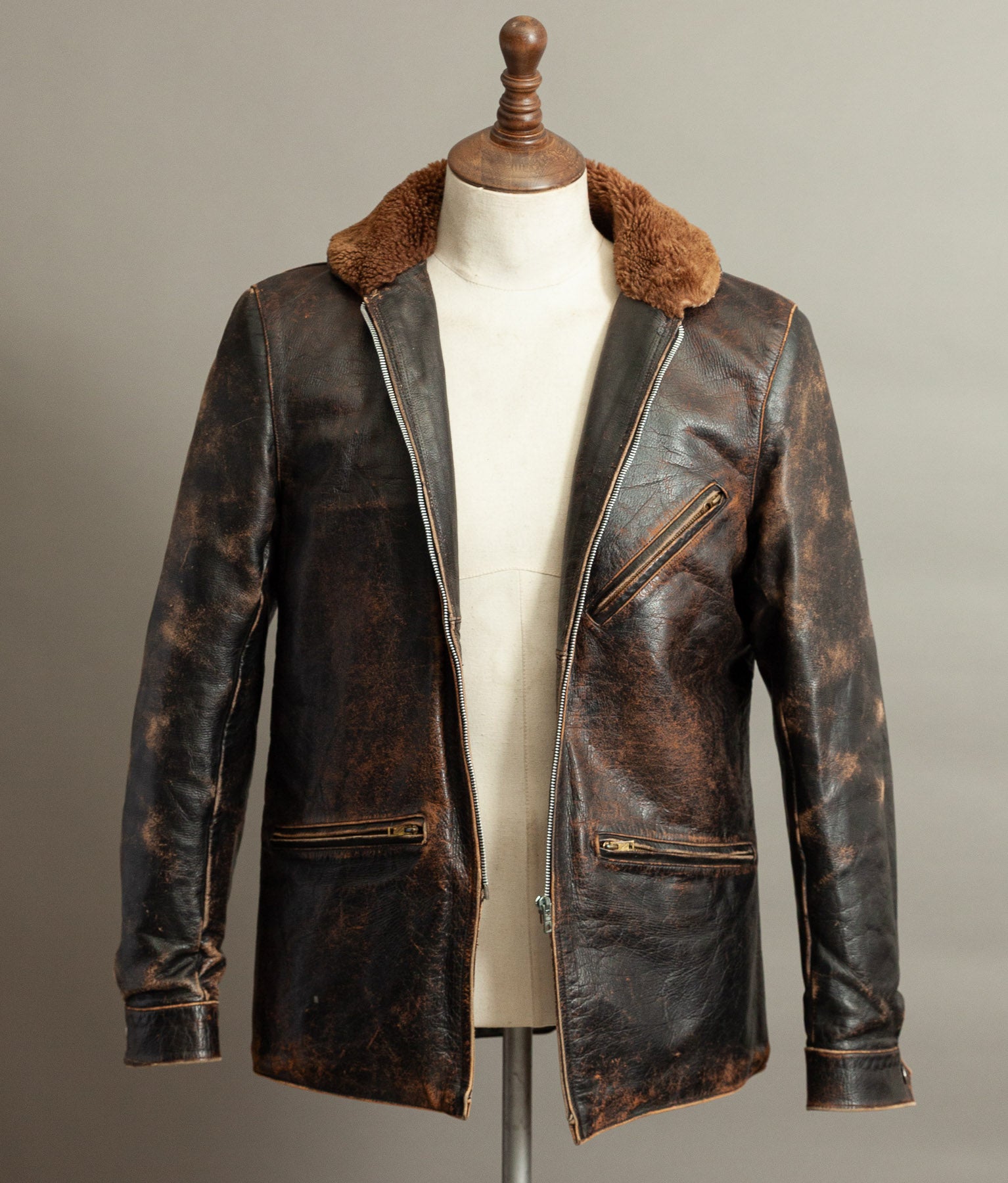 Vintage 1950s French Aviator Leather Jacket Sheepskin Lined Teacore Éclair Zip