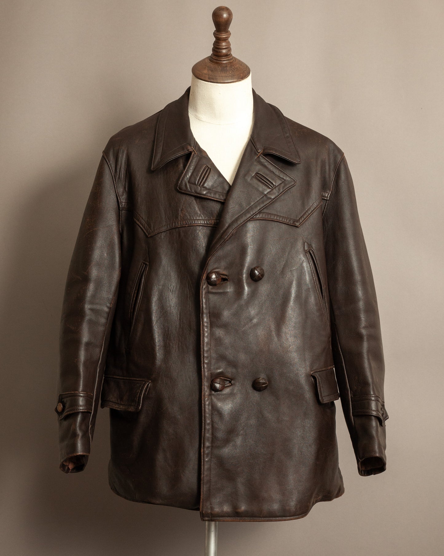1940’s WWII French Double Breasted Motorcycle Leather Jacket Large (44)
