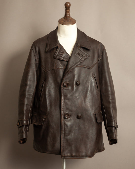 1940’s WWII French Double Breasted Motorcycle Leather Jacket Large (44)