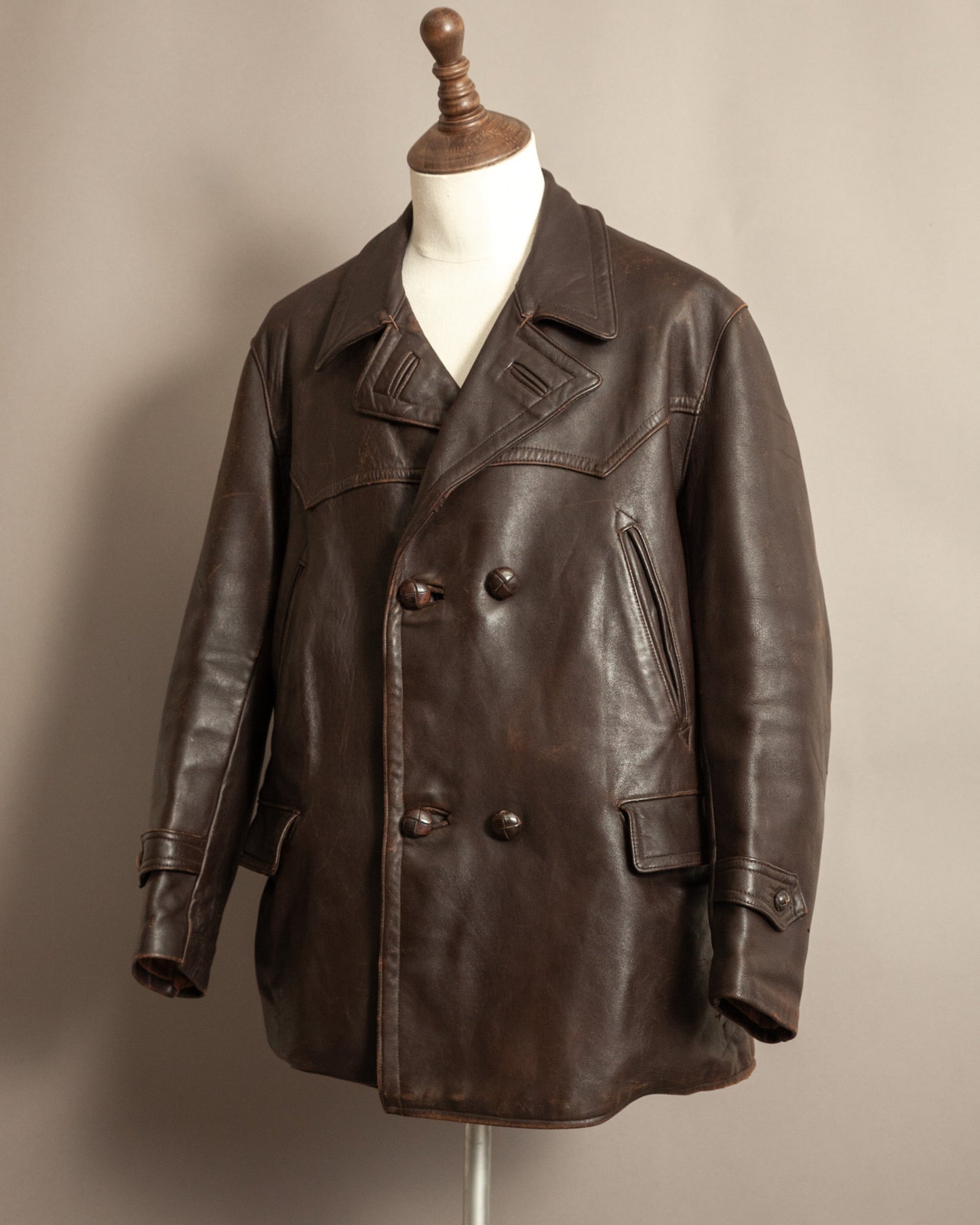 1940’s WWII French Double Breasted Motorcycle Leather Jacket Large (44)