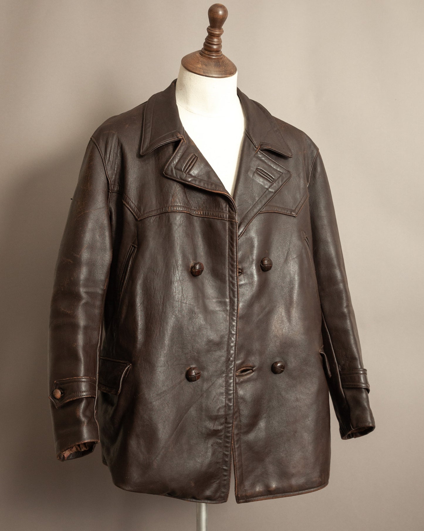 1940’s WWII French Double Breasted Motorcycle Leather Jacket Large (44)
