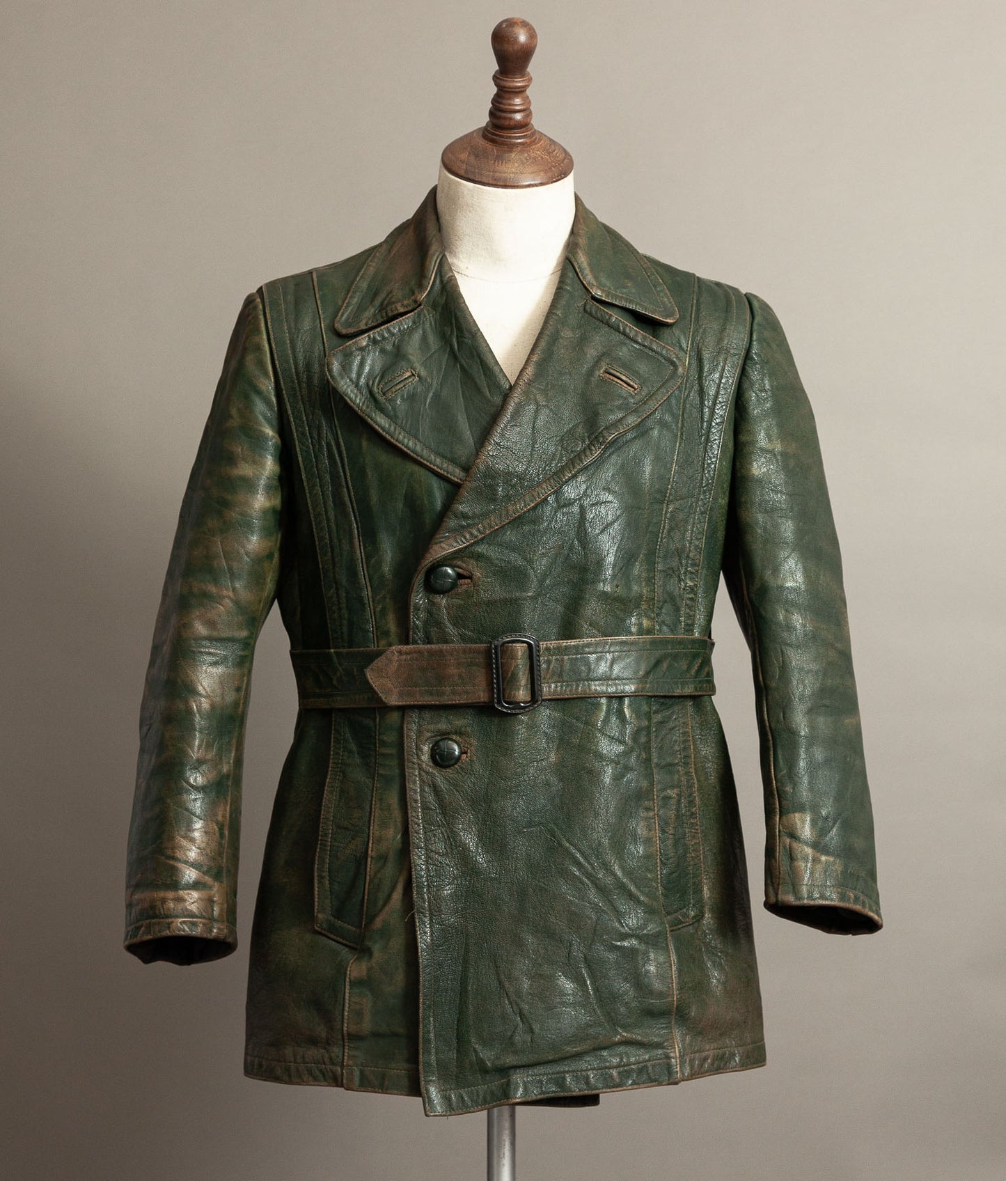 German Kraftfahrer Interwar Leather Motoring Coat, 1920s–1930s, Forest Green