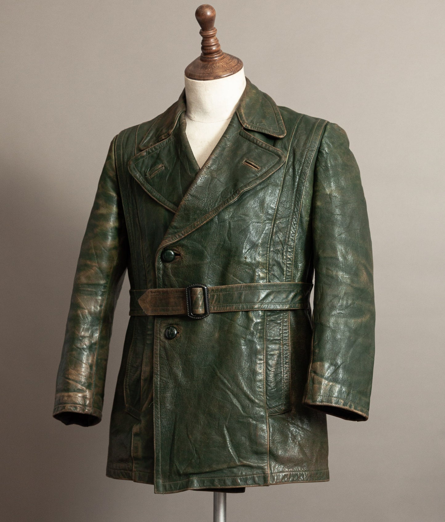German Kraftfahrer Interwar Leather Motoring Coat, 1920s–1930s, Forest Green