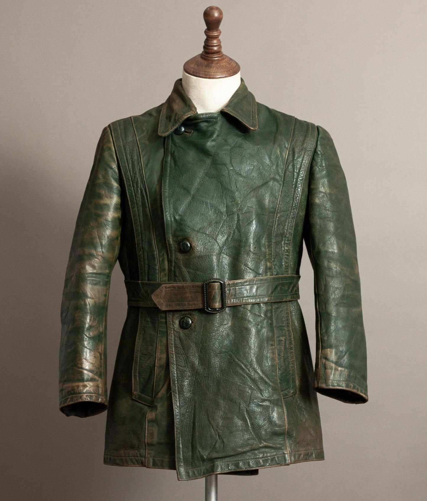 German Kraftfahrer Interwar Leather Motoring Coat, 1920s–1930s, Forest Green