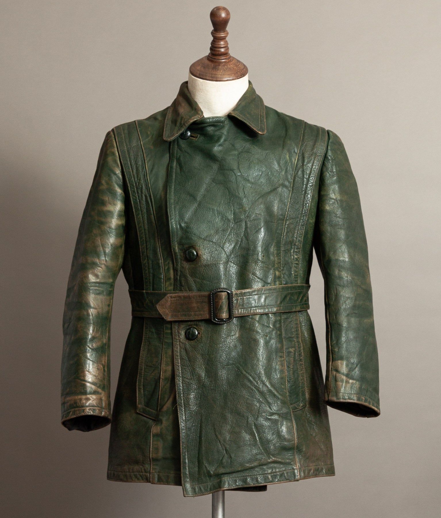 German Kraftfahrer Interwar Leather Motoring Coat, 1920s–1930s, Forest Green