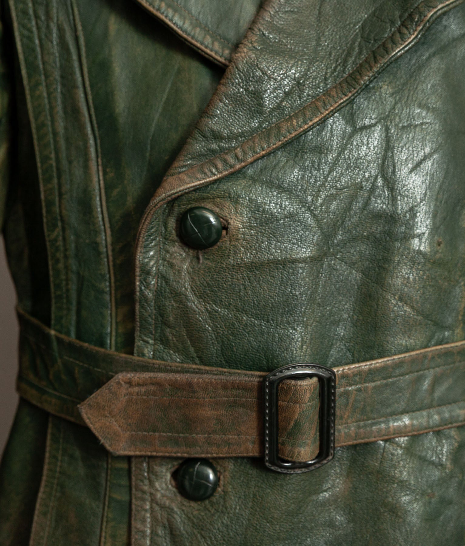 German Kraftfahrer Interwar Leather Motoring Coat, 1920s–1930s, Forest Green