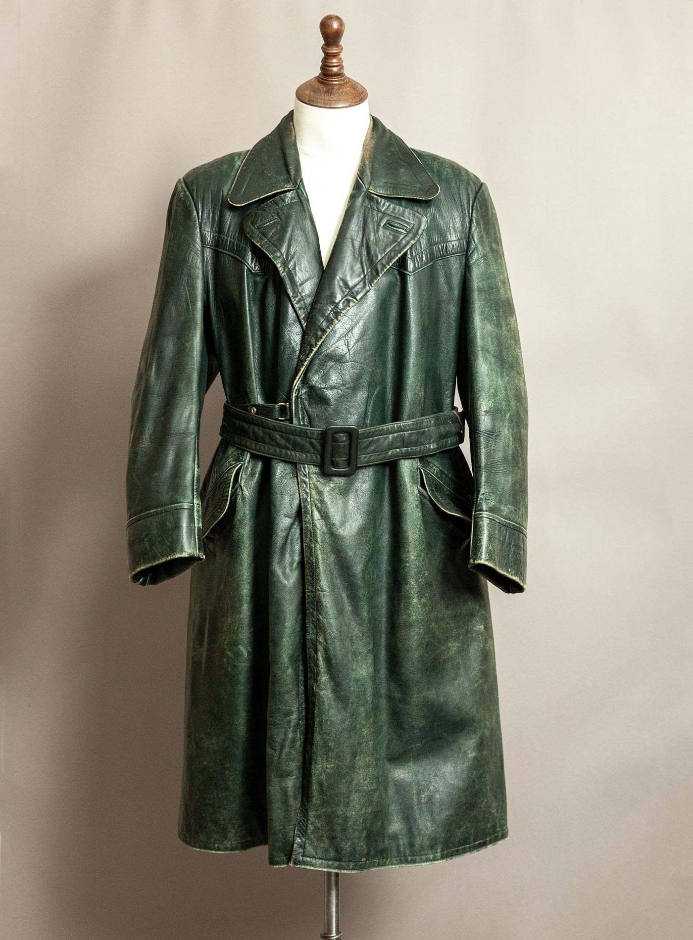 Vintage 1930s–40s German Green Horsehide Leather Trench Coat L (44)