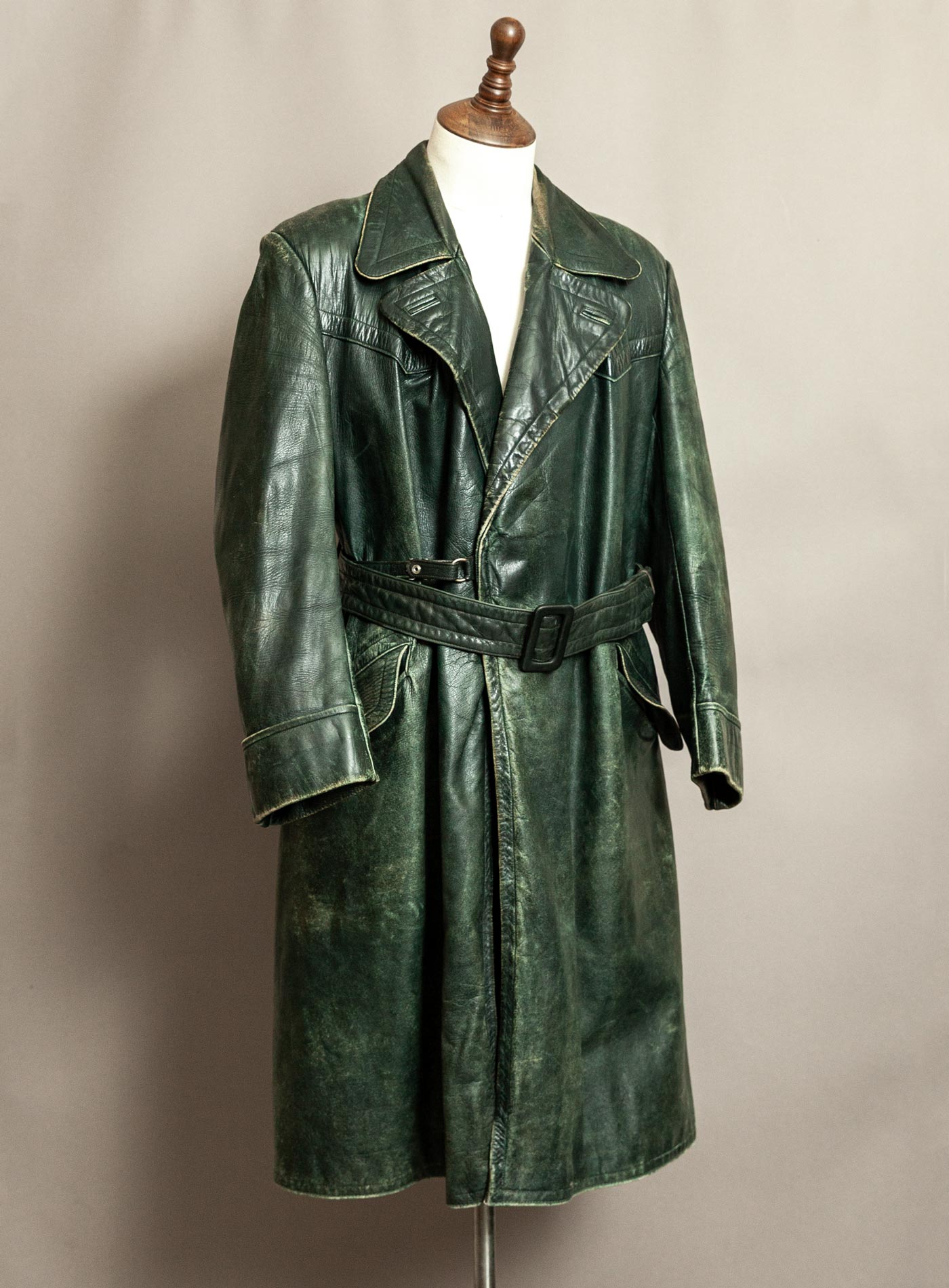 Vintage 1930s–40s German Green Horsehide Leather Trench Coat L (44)
