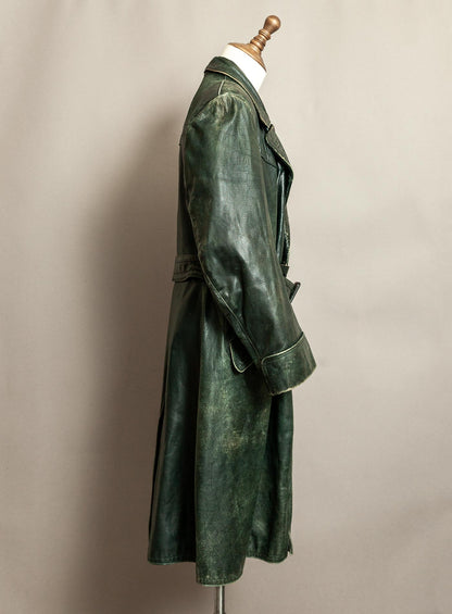 Vintage 1930s–40s German Green Horsehide Leather Trench Coat L (44)