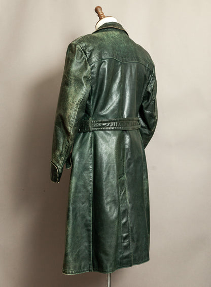 Vintage 1930s–40s German Green Horsehide Leather Trench Coat L (44)