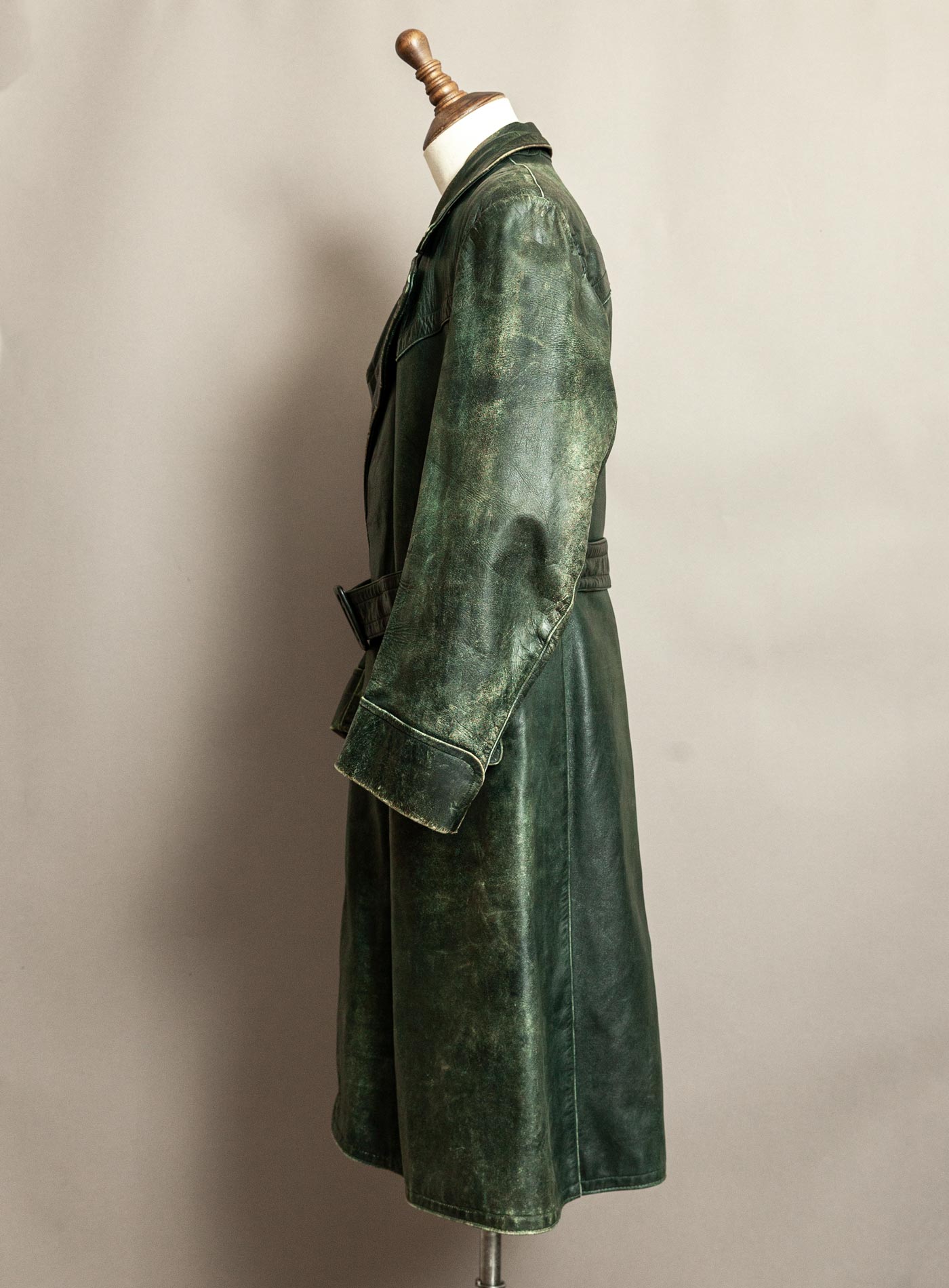 Vintage 1930s–40s German Green Horsehide Leather Trench Coat L (44)