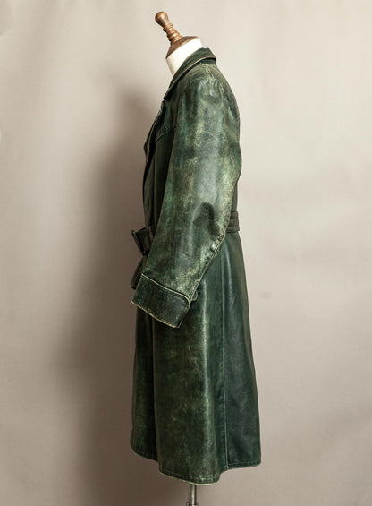 Vintage 1930s–40s German Green Horsehide Leather Trench Coat L (44)
