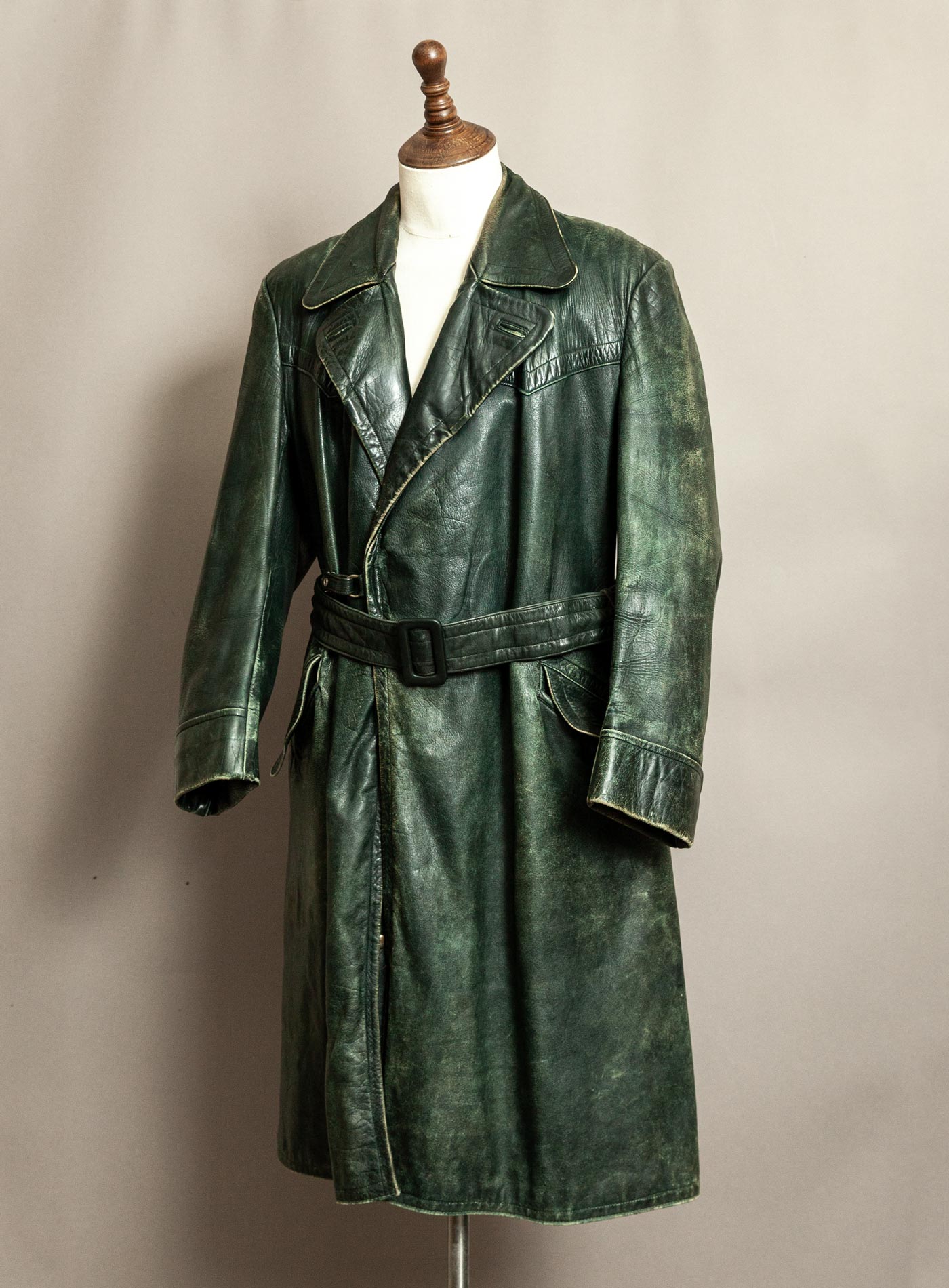 Vintage 1930s–40s German Green Horsehide Leather Trench Coat L (44)