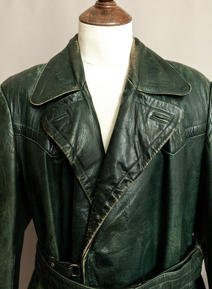 Vintage 1930s–40s German Green Horsehide Leather Trench Coat L (44)