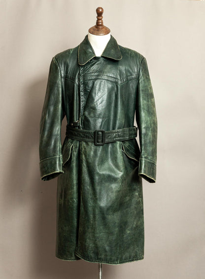 Vintage 1930s–40s German Green Horsehide Leather Trench Coat L (44)