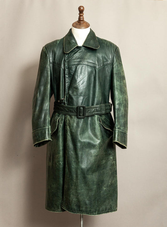 Vintage 1930s–40s German Green Horsehide Leather Trench Coat L (44)