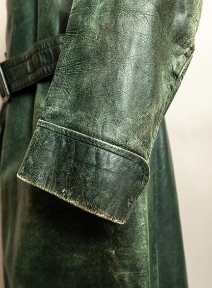 Vintage 1930s–40s German Green Horsehide Leather Trench Coat L (44)
