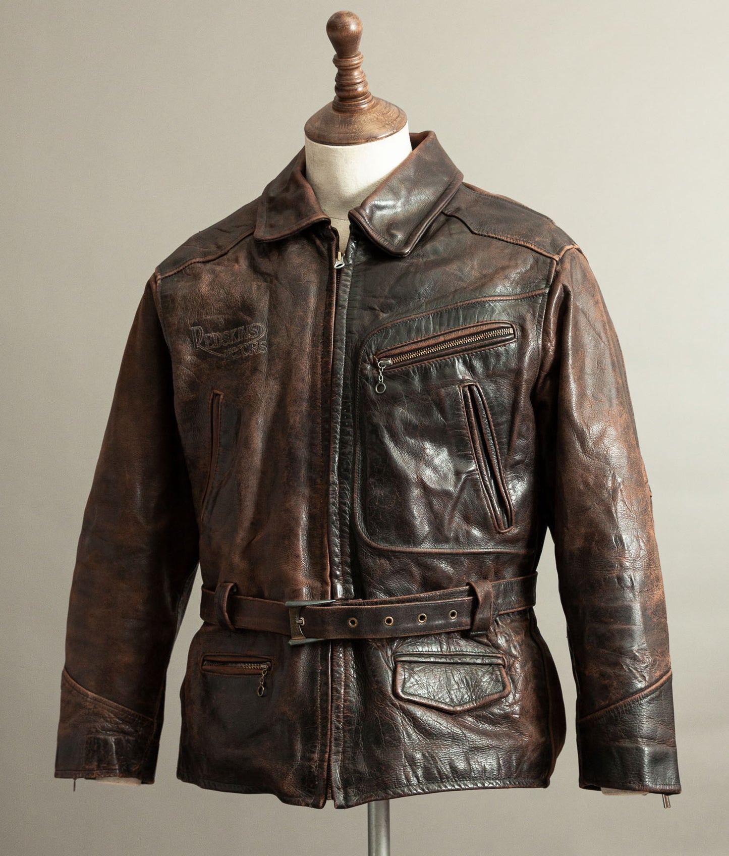 Vintage 1980s Redskins Motors Buffalo Hide Leather Motorcycle Jacket