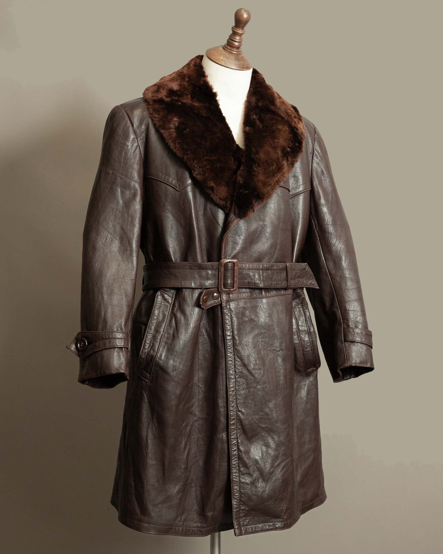 1940s German Vintage Ledermantel Leather Trench Coat "Fur Collar"